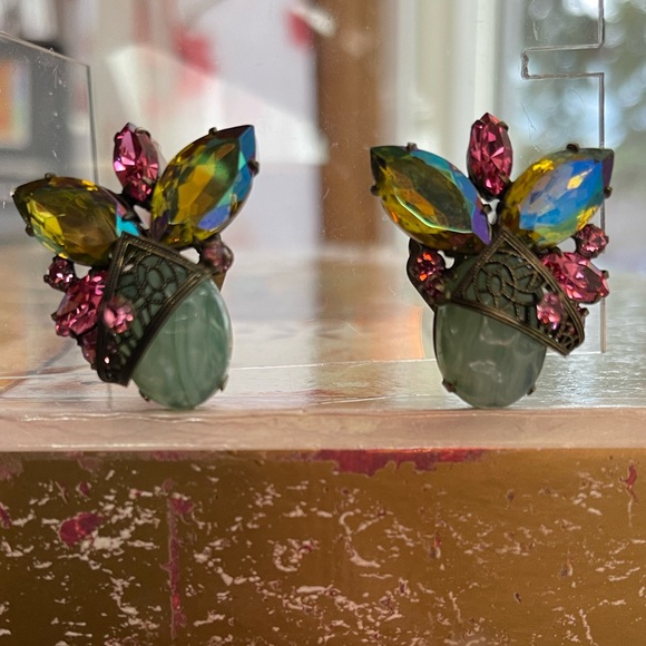 Vintage Alice Caviness Lava Rock Art Glass AB Rhinestone Clip On Earrings - Picture 2 of 10